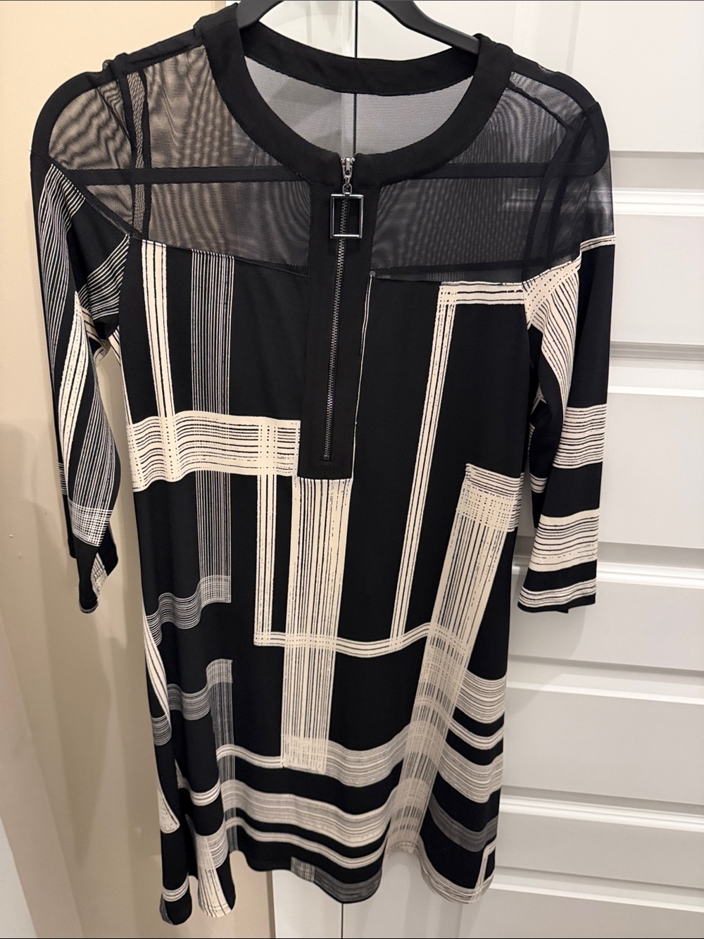 Joseph Ribkoff Black and Cream Geometric Mesh-Yoke Long Sleeve Dress